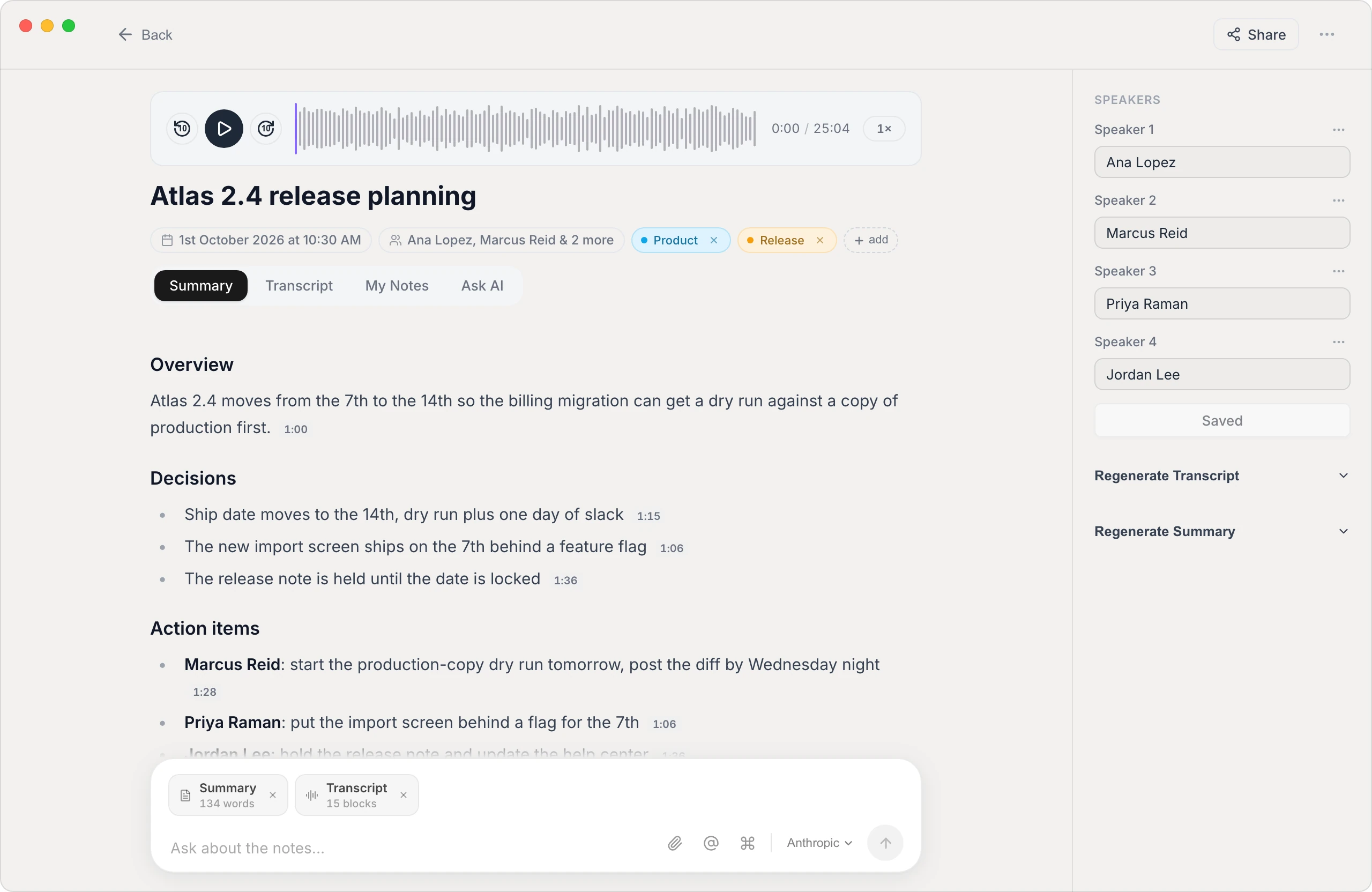 Vowen meeting note with an AI summary that names each speaker