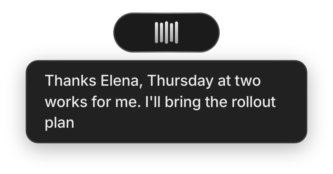 The Vowen dictation pill with live preview text, the same on macOS and Windows