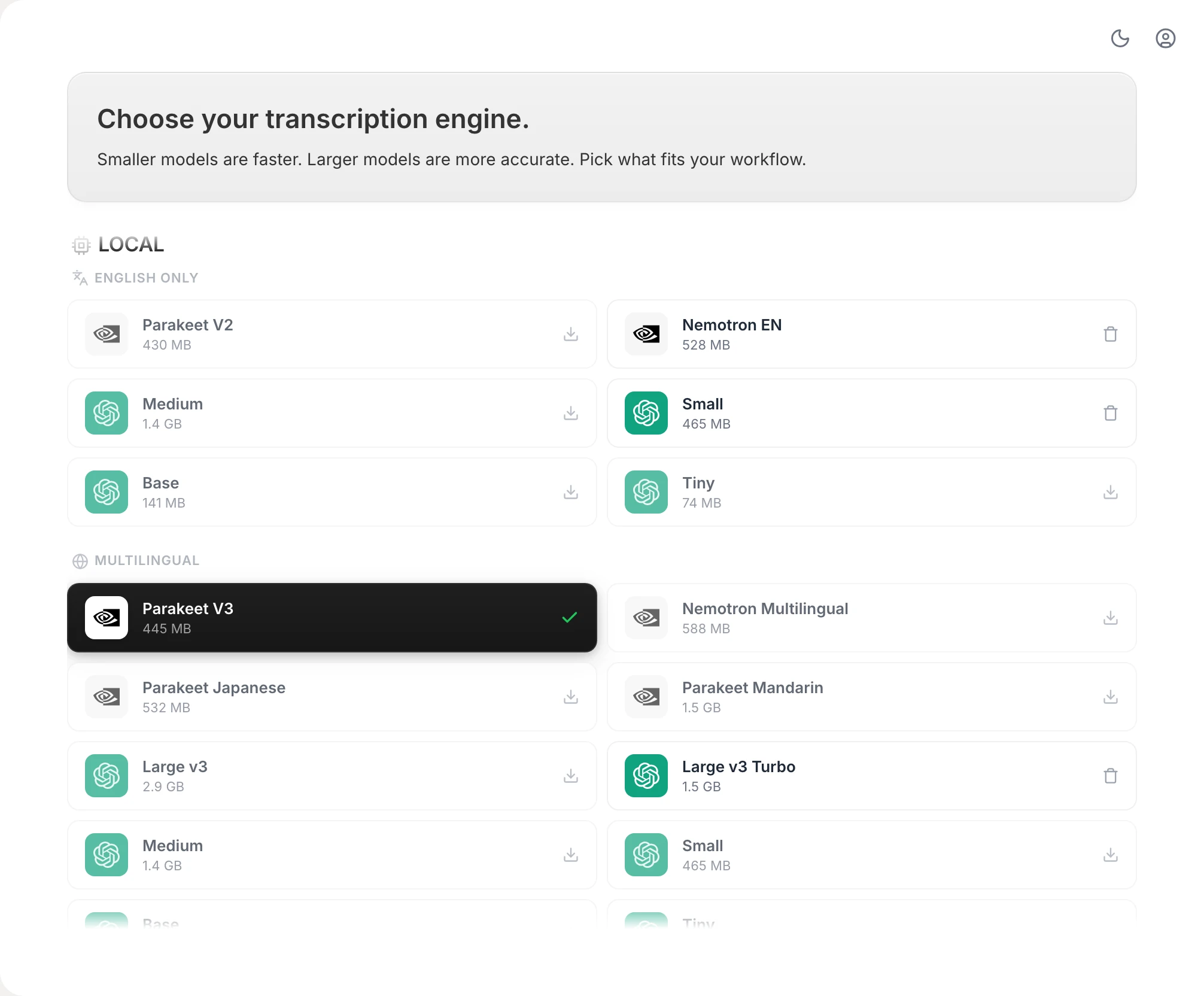 Vowen speech models page listing local Parakeet, Nemotron and Whisper models