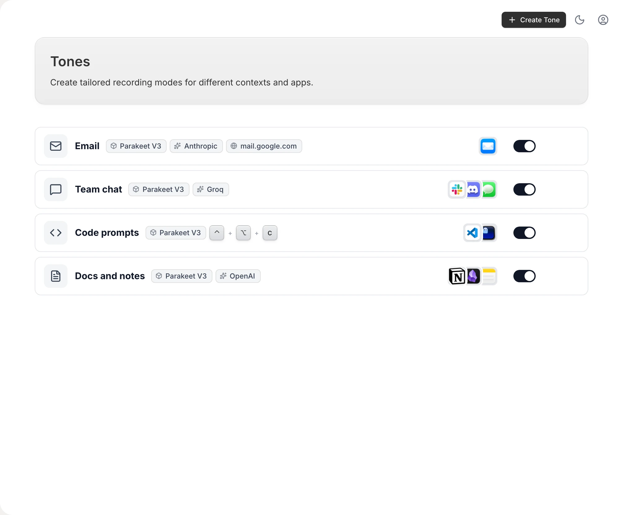 Vowen's Tones page: a different writing style per app