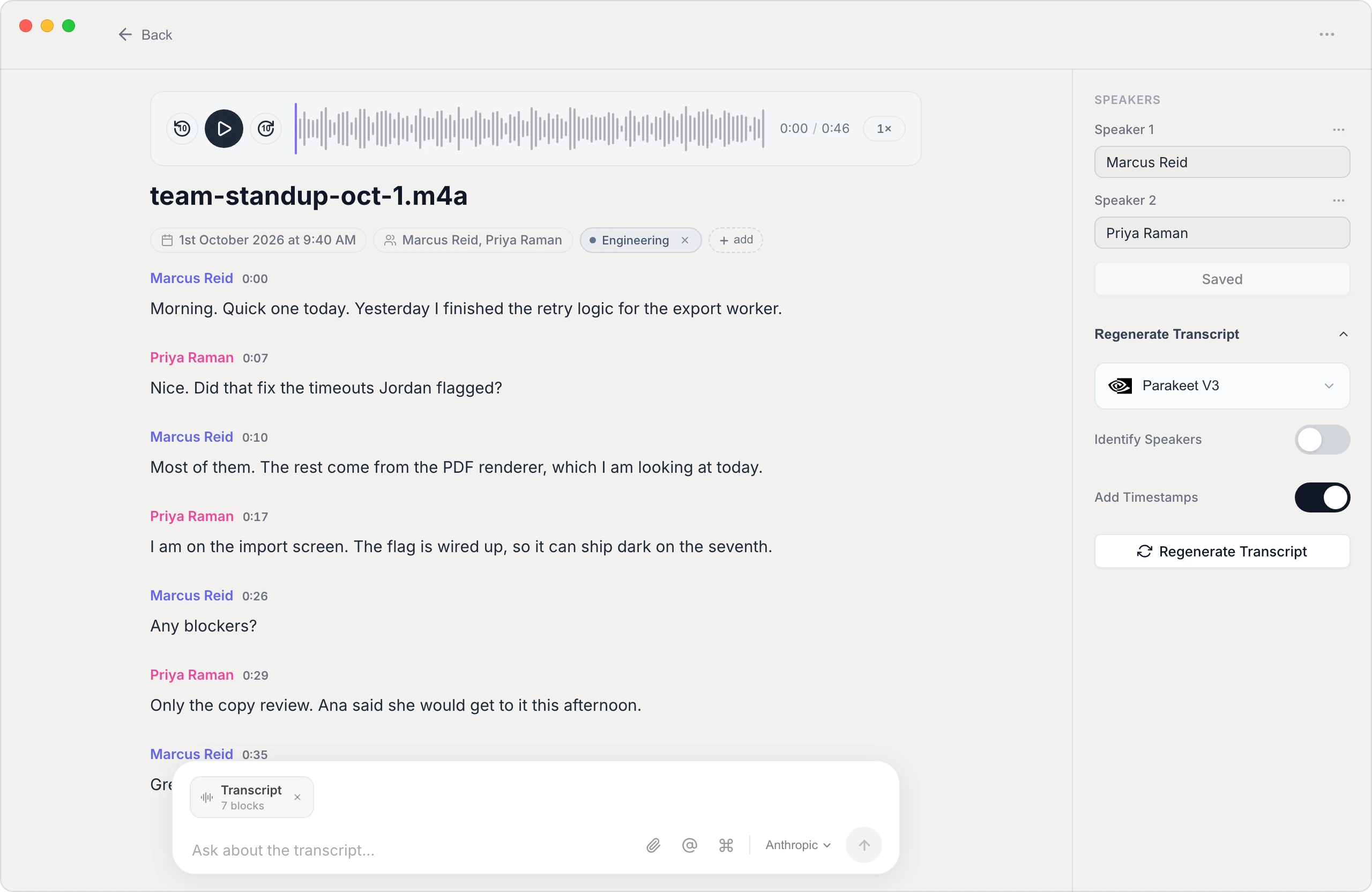 A transcript in Vowen with two named speakers and timestamps