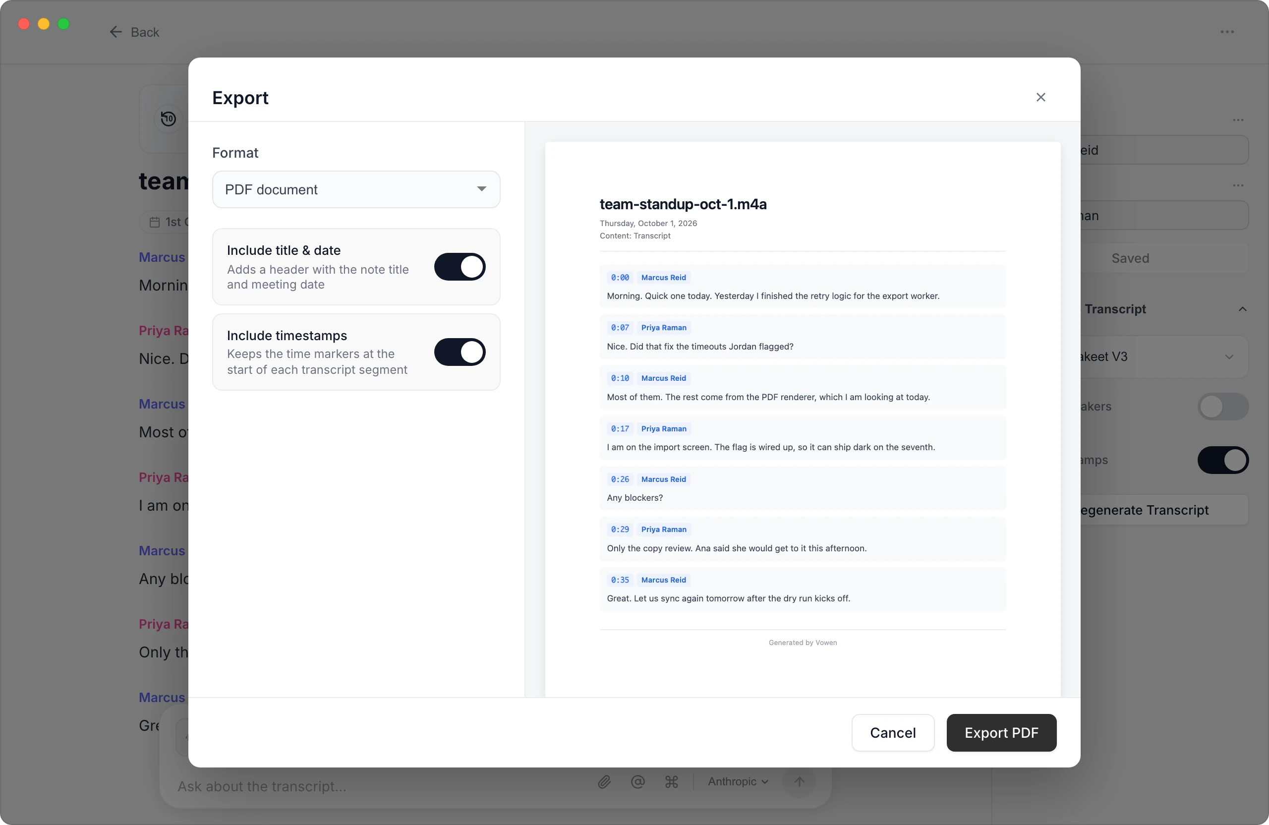 Vowen's export dialog: PDF chosen, with a preview of the transcript