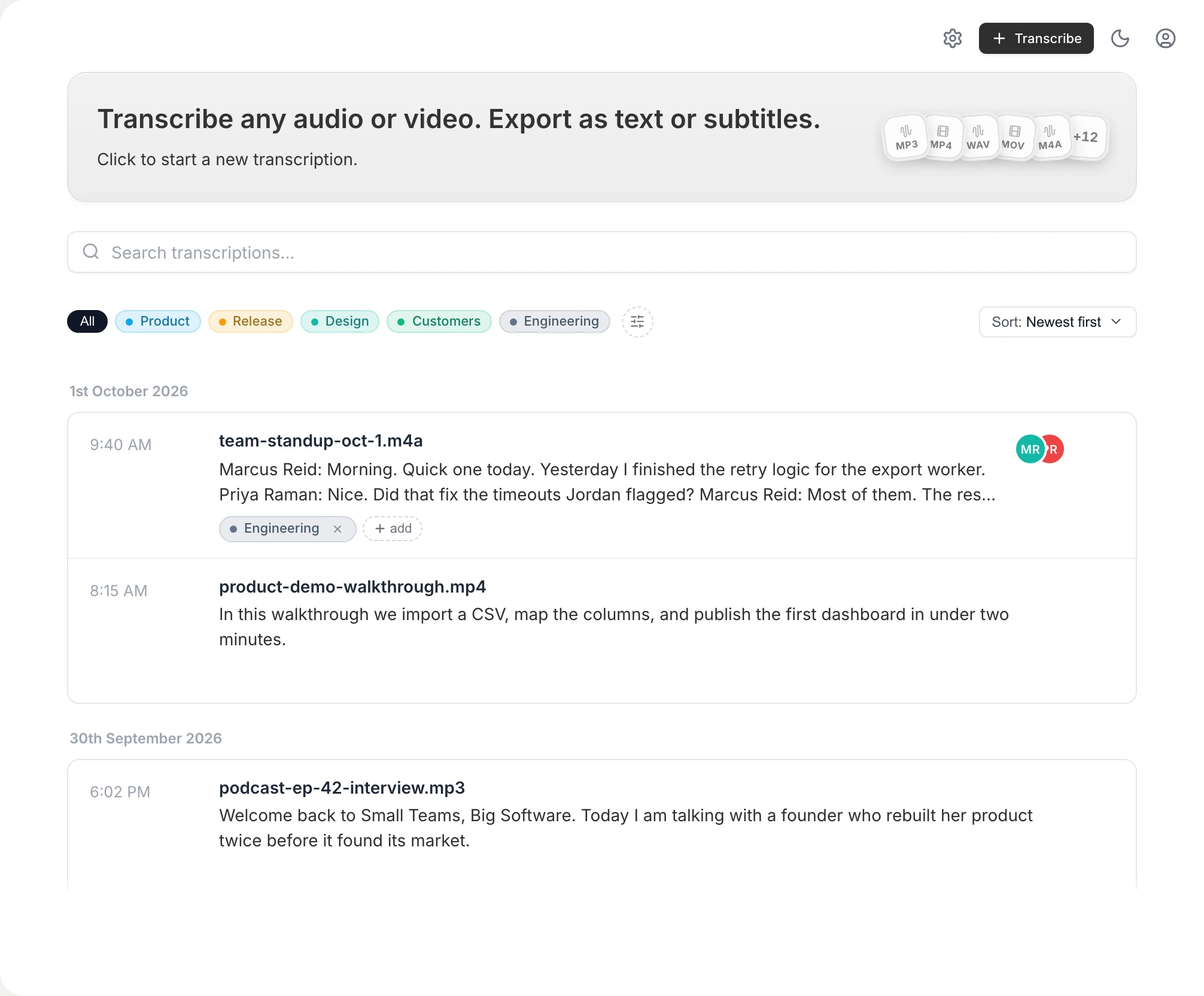 Vowen's Transcribe page listing recent files with tags