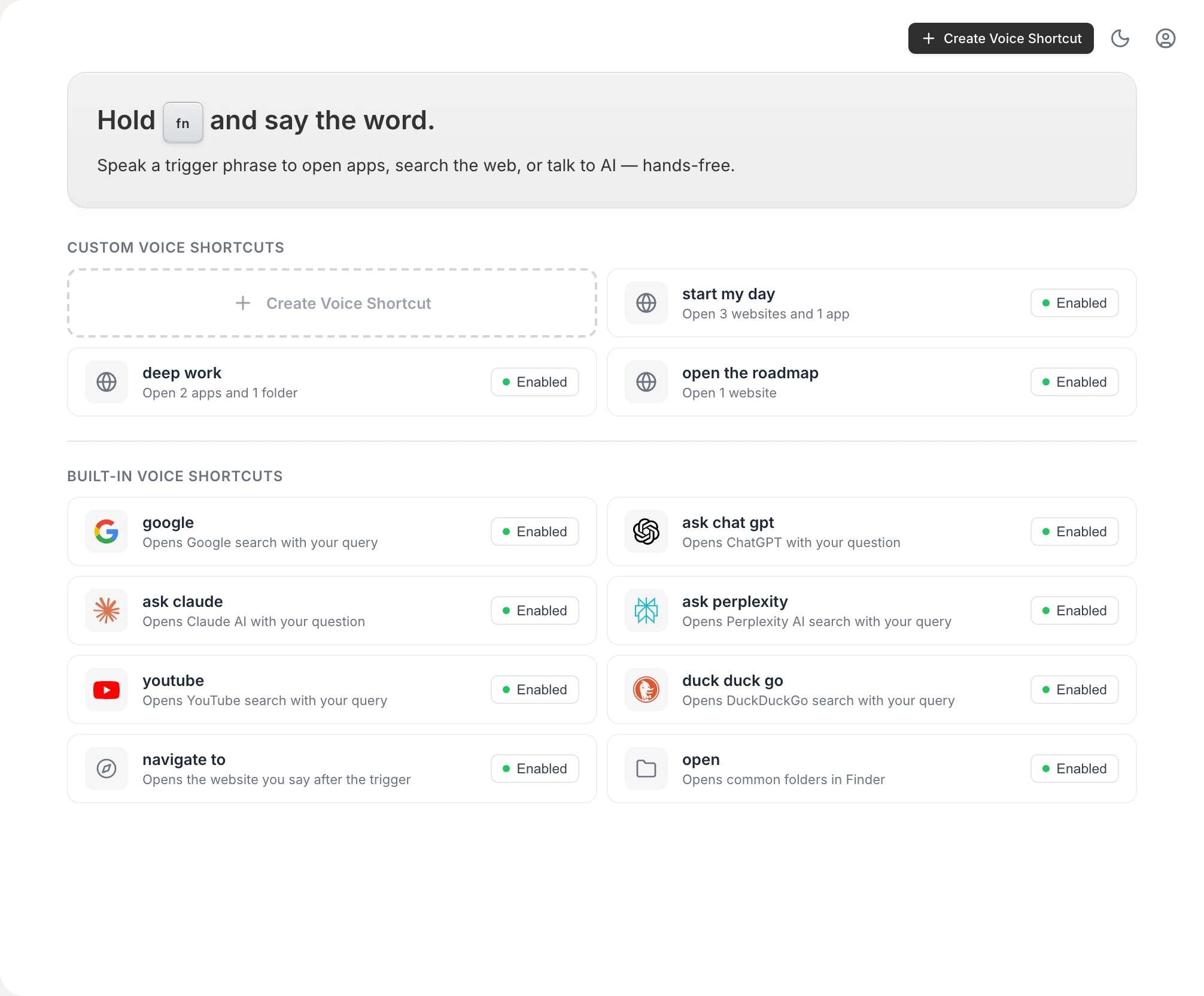 Vowen voice shortcuts page with custom and built-in shortcuts